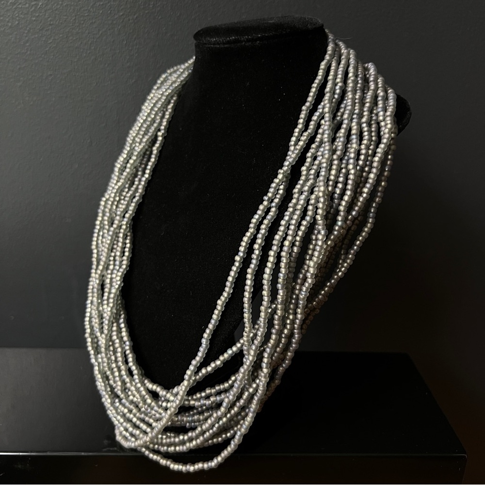 Doubled Up or Extra Long Silver Grey Glass Beaded Necklace